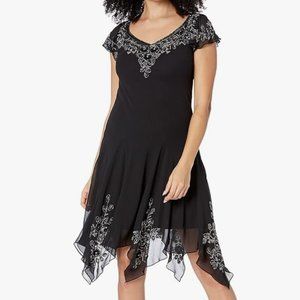 NWT J Kara Women's Flutter Sleeve Hanky Hem Short Cocktail Beaded Dress - Black